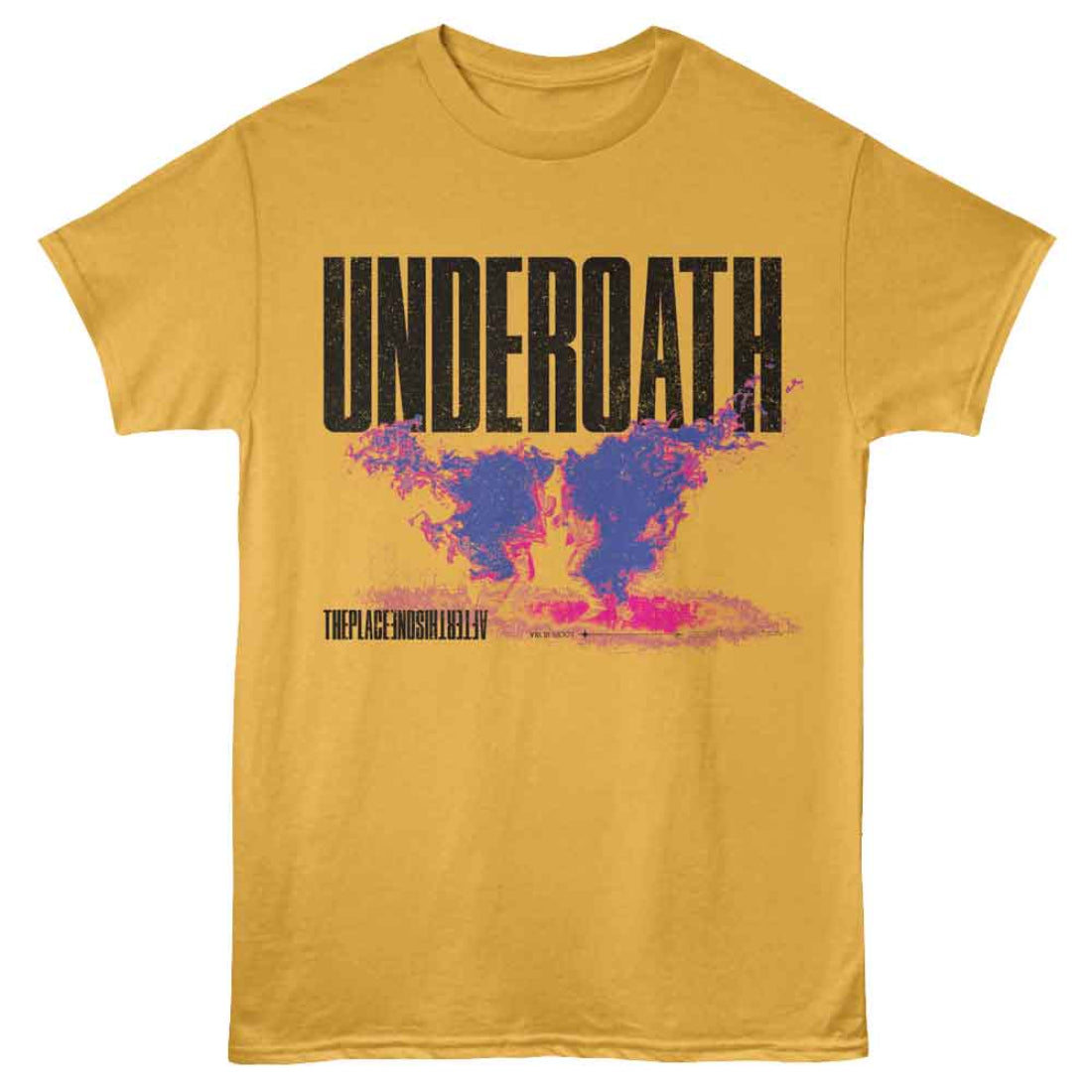 Yellow t-shirt with 'UNDEROATH' graphic design on a white background