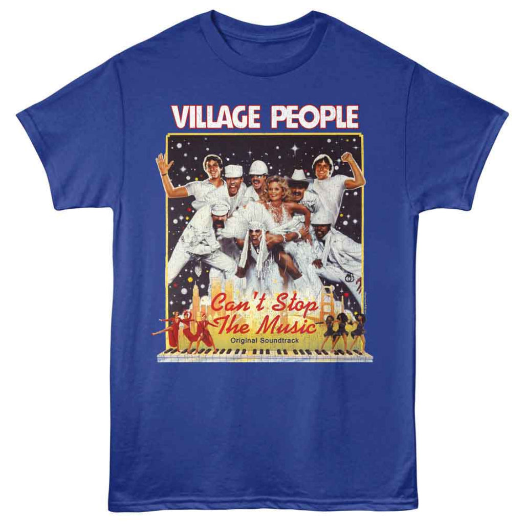 Blue t-shirt with Village People graphic and 'Can't Stop The Music' text on a white background