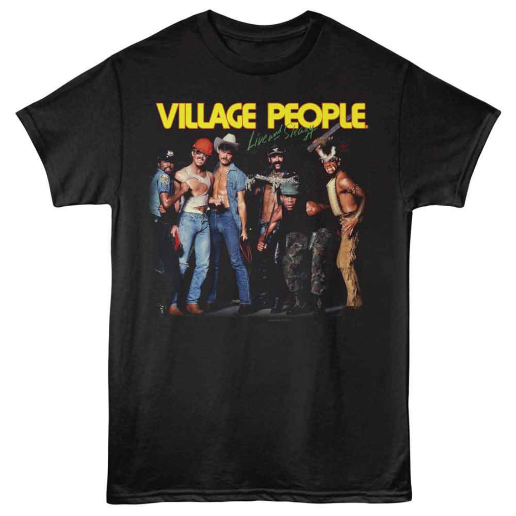 Black t-shirt with 'Village People' graphic and yellow text on a white background