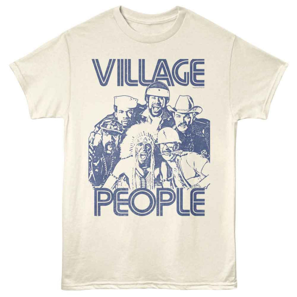 Beige t-shirt with 'Village People' graphic design on a white background