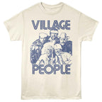 Beige t-shirt with 'Village People' graphic design on a white background