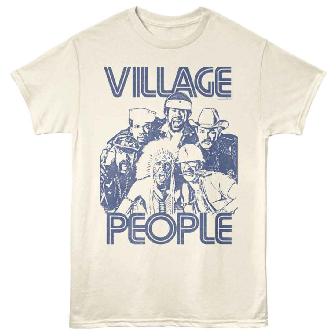 Beige t-shirt with 'Village People' graphic design on a white background