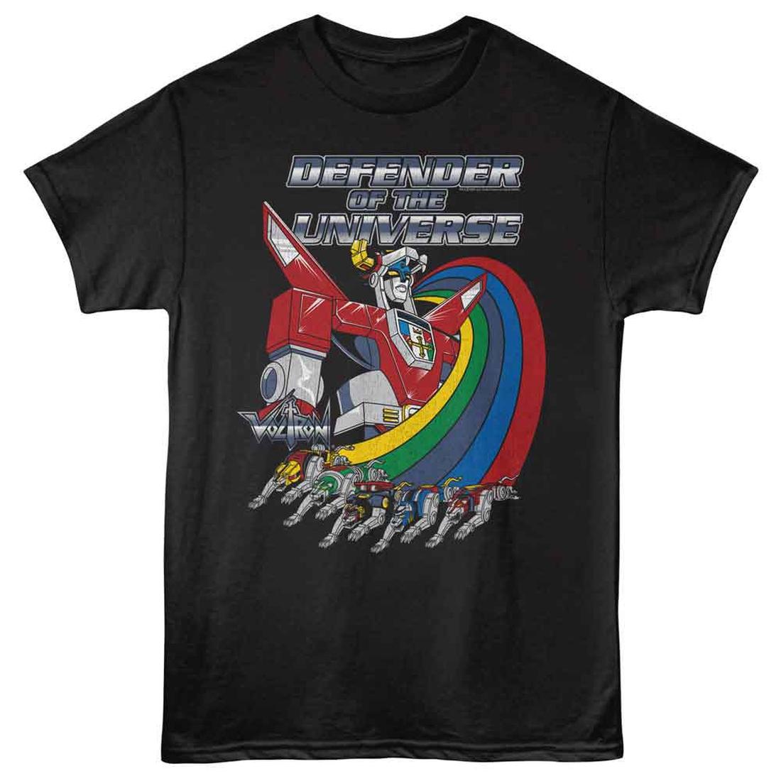 Black Voltron t-shirt with 'Defender of the Universe' graphic featuring a robot and rainbow design.