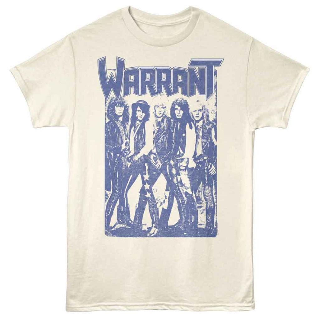 Beige t-shirt with blue 'Warrant' band graphic on a white background