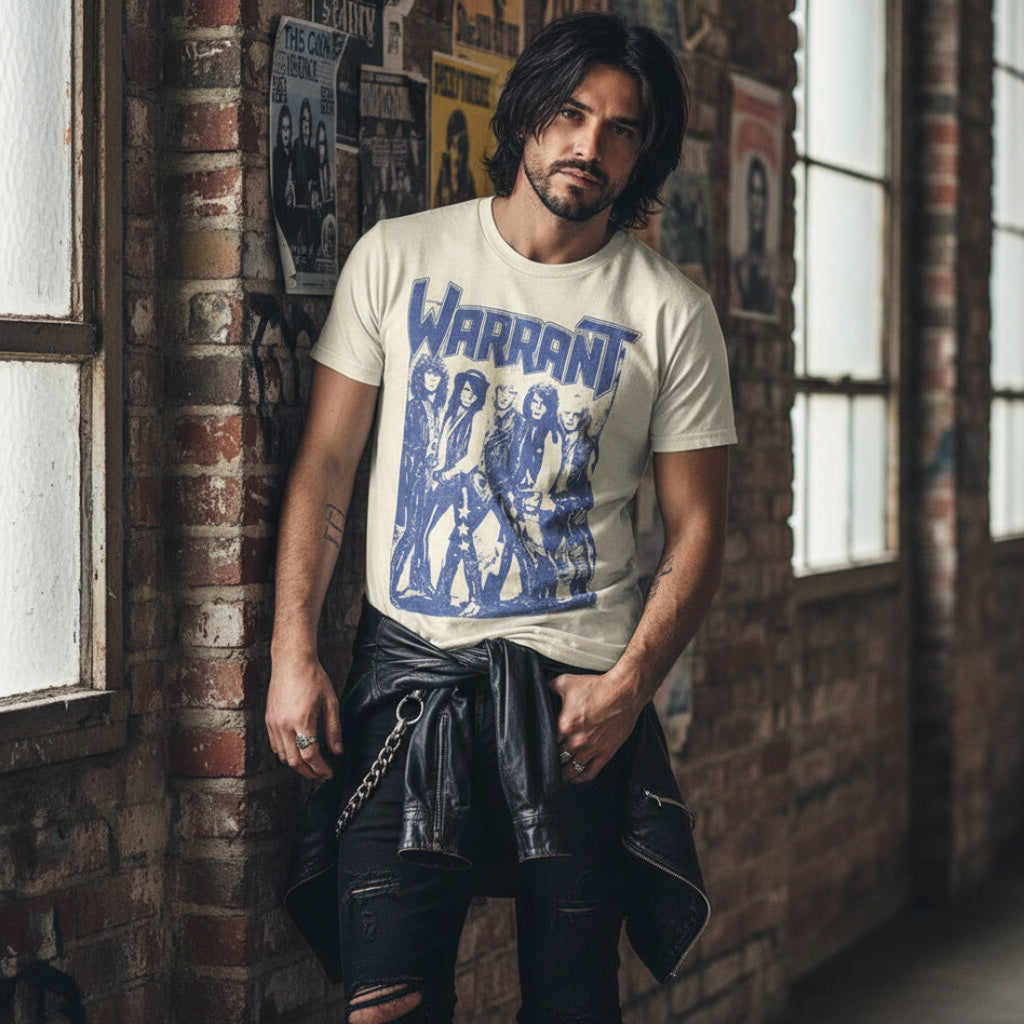 Rocker dude wearing Beige t-shirt with blue 'Warrant' band graphic on a white background WARR517S, WARR517M, WARR517L, WARR517XL, WARR517XXL, WARR517XXXL, WARR517XXXXL