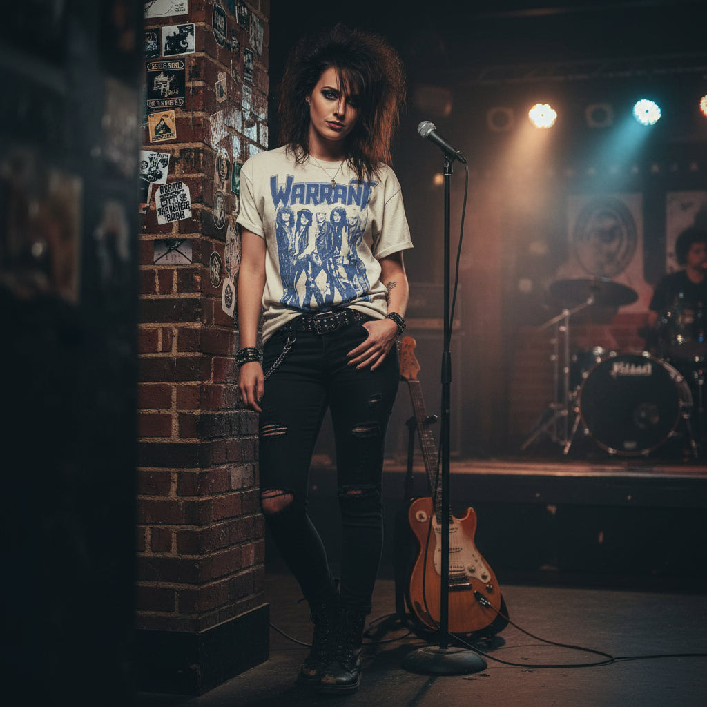 Rocker girl wearing Beige t-shirt with blue 'Warrant' band graphic on a white background WARR517S, WARR517M, WARR517L, WARR517XL, WARR517XXL, WARR517XXXL, WARR517XXXXL