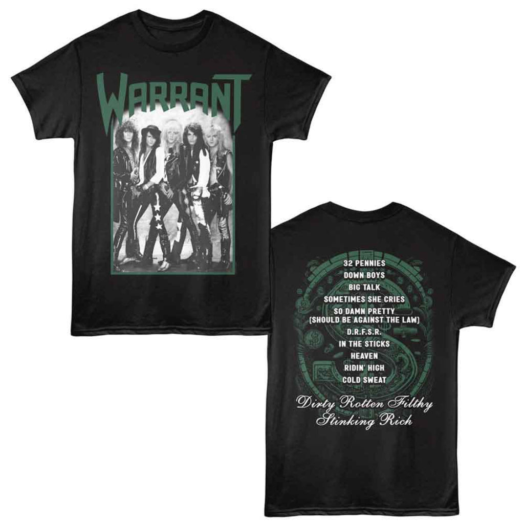 Black t-shirt with Warrant band graphic on front and lyrics on back