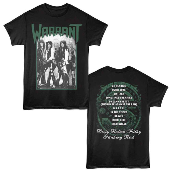 Black t-shirt with Warrant band graphic on front and lyrics on back