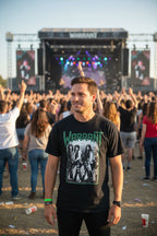 Man wearing Black t-shirt with Warrant band graphic on front and lyrics on back WARR519S, WARR519M, WARR519L, WARR519XL, WARR519XXL, WARR519XXXL, WARR519XXXXL, WARR519XXXXXL