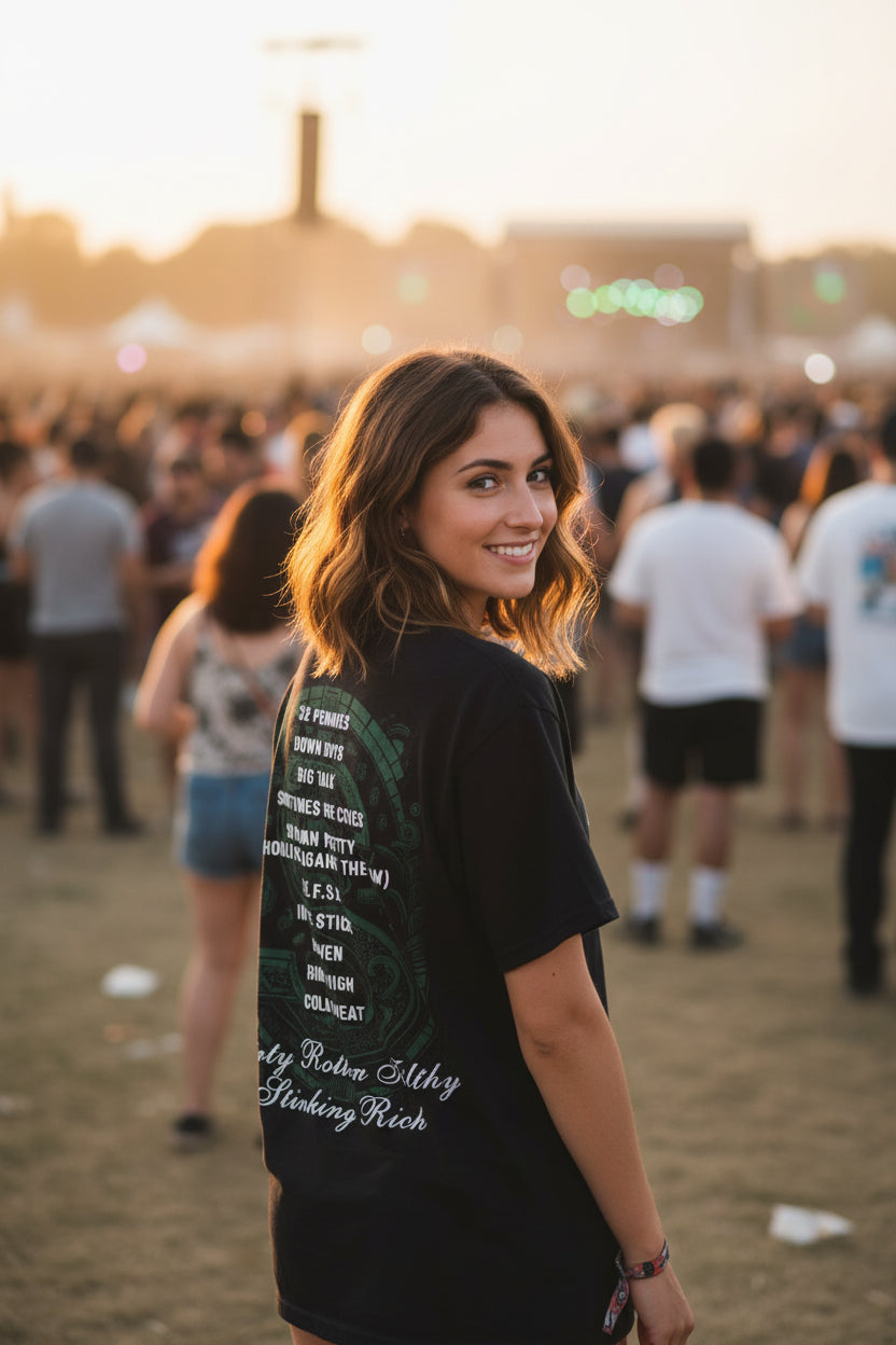 WOMAN WEARING Black t-shirt with Warrant band graphic on front and lyrics on back WARR519S, WARR519M, WARR519L, WARR519XL, WARR519XXL, WARR519XXXL, WARR519XXXXL, WARR519XXXXXL