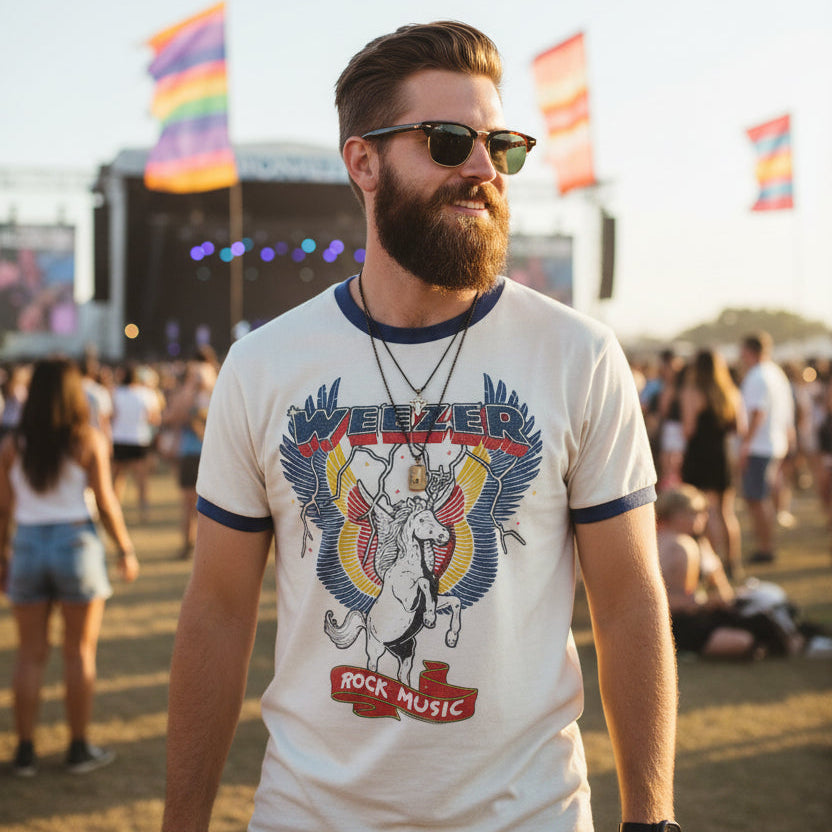 Man wearing a 'Weezer Rock Music' t-shirt at a music festival. WEEZ542-211S, WEEZ542-211M, WEEZ542-211L, WEEZ542-211XL, WEEZ542-211XXL