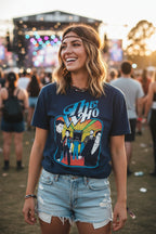 woman wearing Navy blue t-shirt with 'The Who' band graphic WHO519S, WHO519M, WHO519L, WHO519XL, WHO519XXL, WHO519XXXL, WHO519XXXXL, WHO519XXXXXL