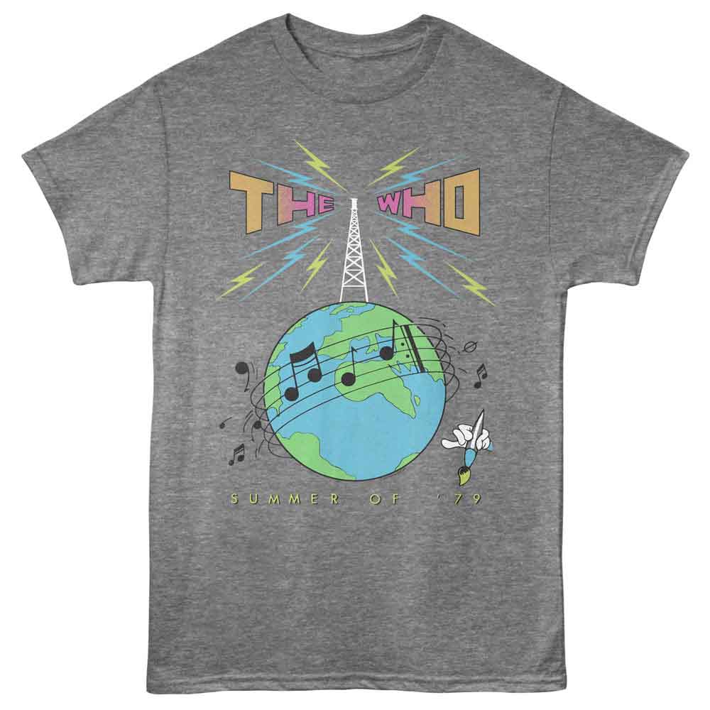 Gray t-shirt with 'The Who' graphic design featuring a globe and radio tower on a white background WHO519S, WHO519M, WHO519L, WHO519XL, WHO519XXL, WHO519XXXL, WHO519XXXXL, WHO519XXXXXL