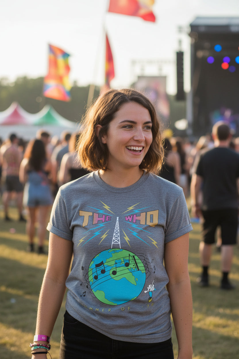 Woman wearing Gray t-shirt with 'The Who' graphic design featuring a globe and radio tower WHO519S, WHO519M, WHO519L, WHO519XL, WHO519XXL, WHO519XXXL, WHO519XXXXL, WHO519XXXXXL