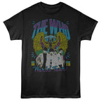 Black t-shirt with 'The Who' band graphic and text on a white background