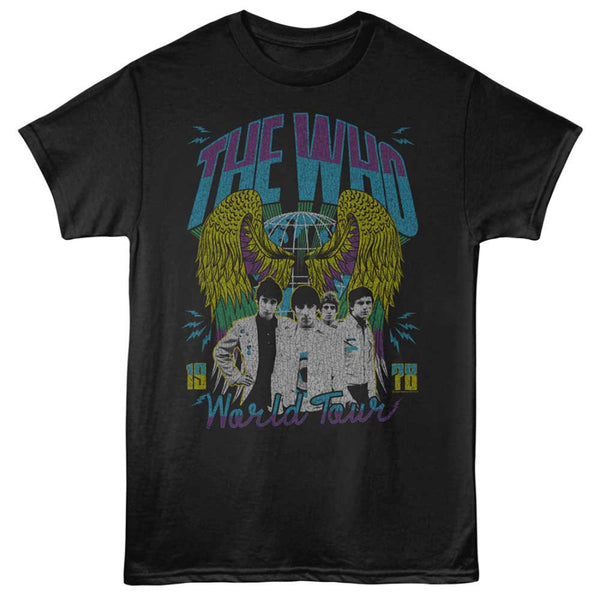 Black t-shirt with 'The Who' band graphic and text on a white background