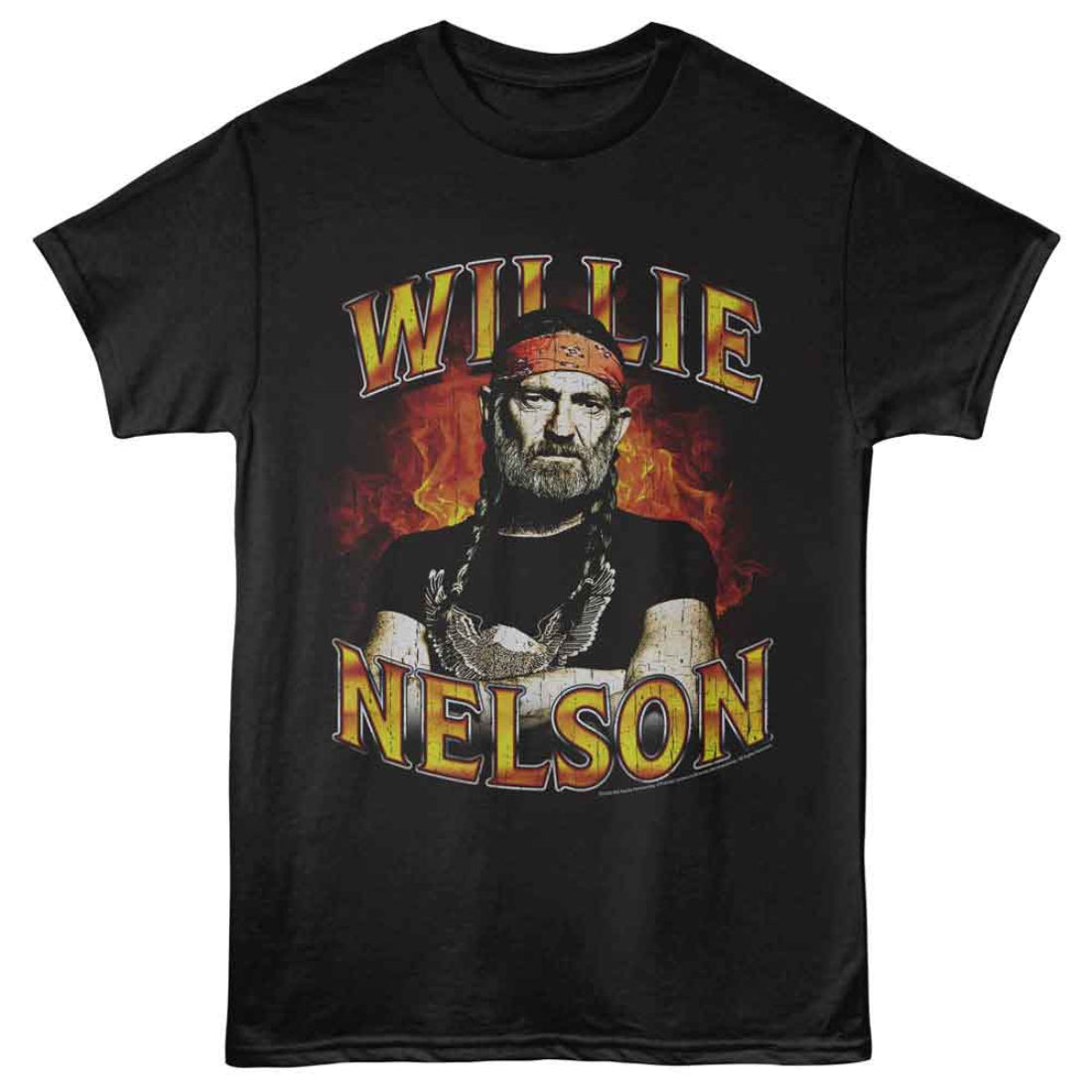 Black t-shirt with Willie Nelson graphic design on a white background