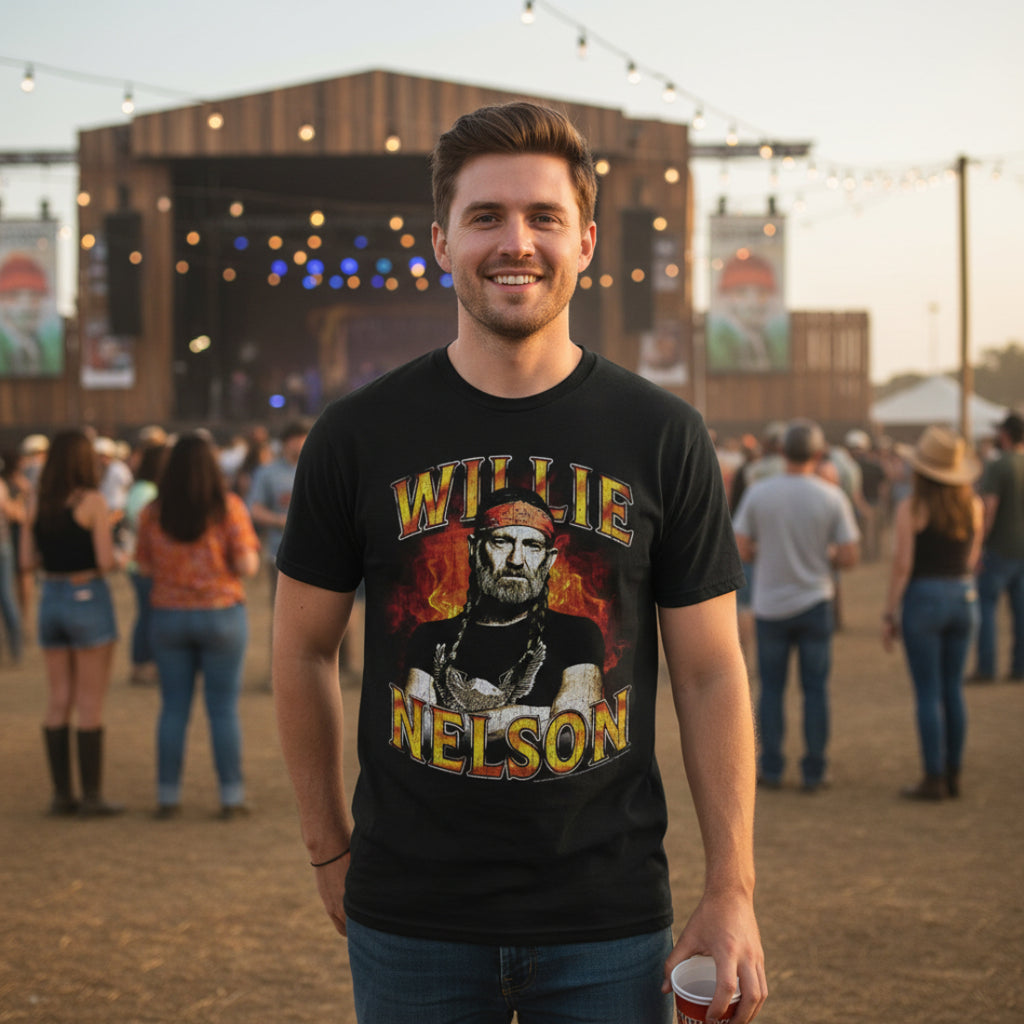 MAN WEARING WILLIE NELSON SHIRT WLN522S, WLN522M, WLN522L, WLN522XL, WLN522XXL, WLN522XXXL, WLN522XXXXL, WLN522XXXXXL