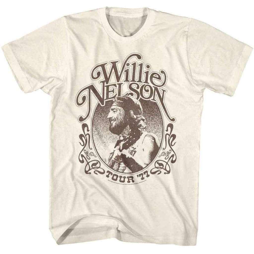White t-shirt with Willie Nelson graphic and text on a white background