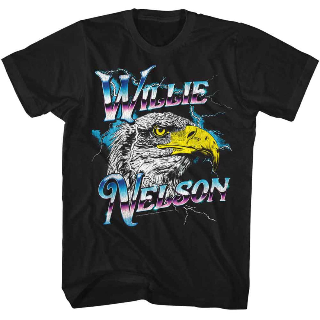 Black t-shirt with an eagle graphic and 'Willie Nelson' text on a white background