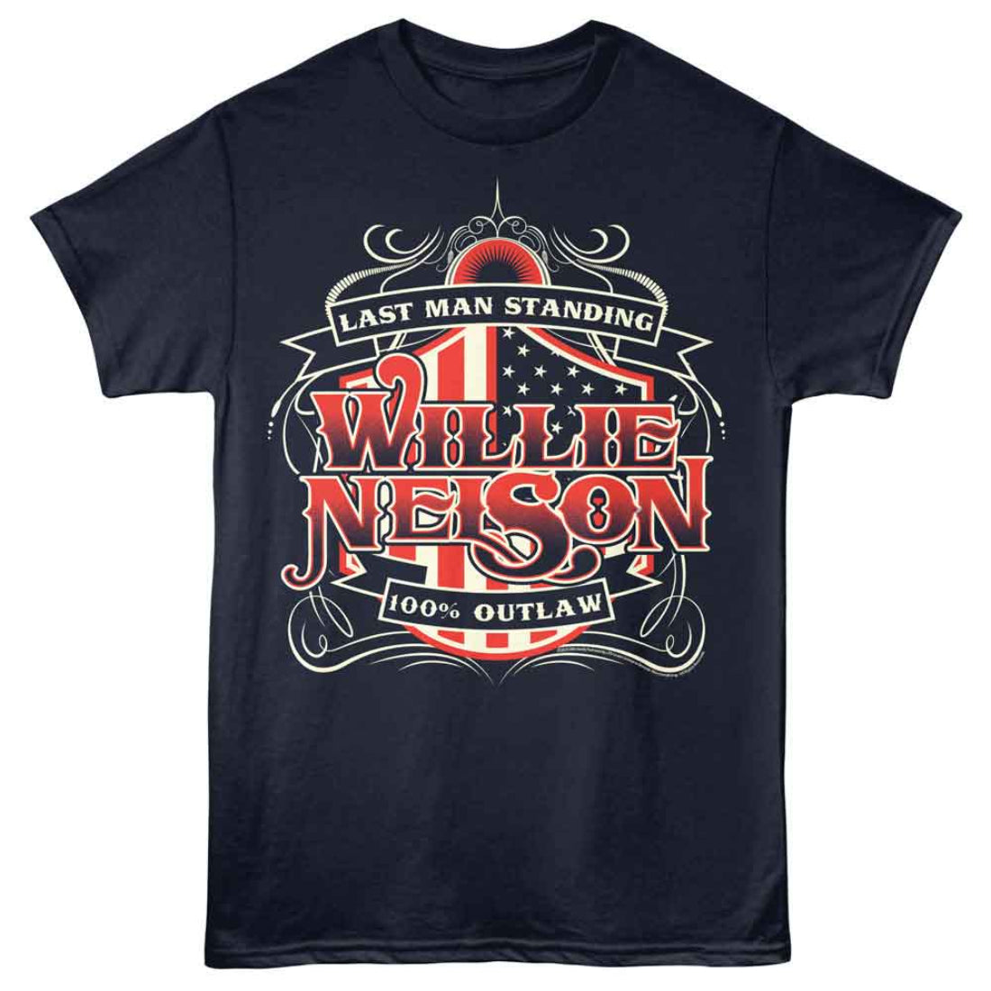 Navy blue t-shirt with 'Willie Nelson' graphic design on a white background