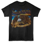 Black t-shirt with an eagle graphic and 'Willie Nelson American Legend' text on a white background