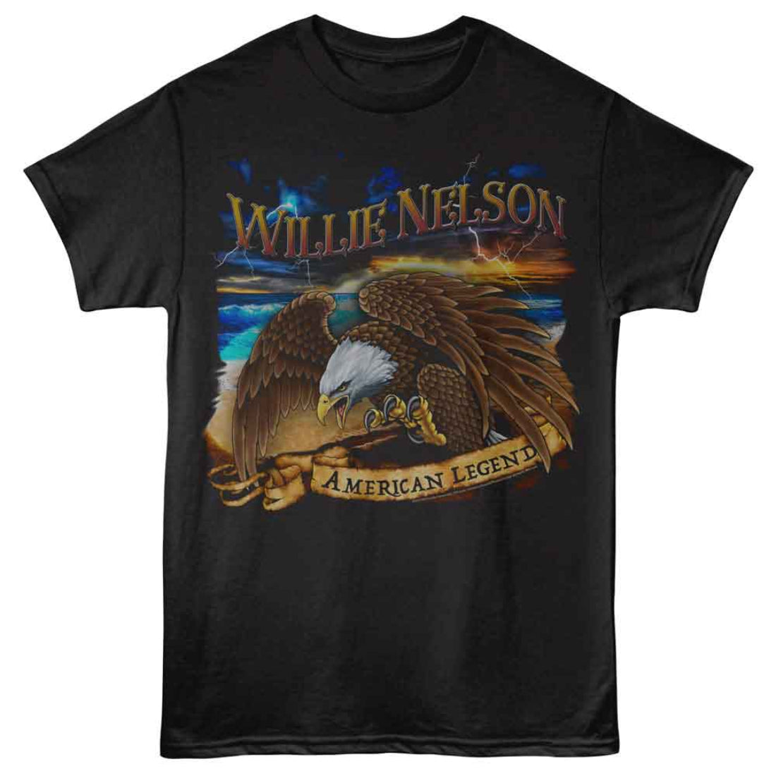 Black t-shirt with an eagle graphic and 'Willie Nelson American Legend' text on a white background