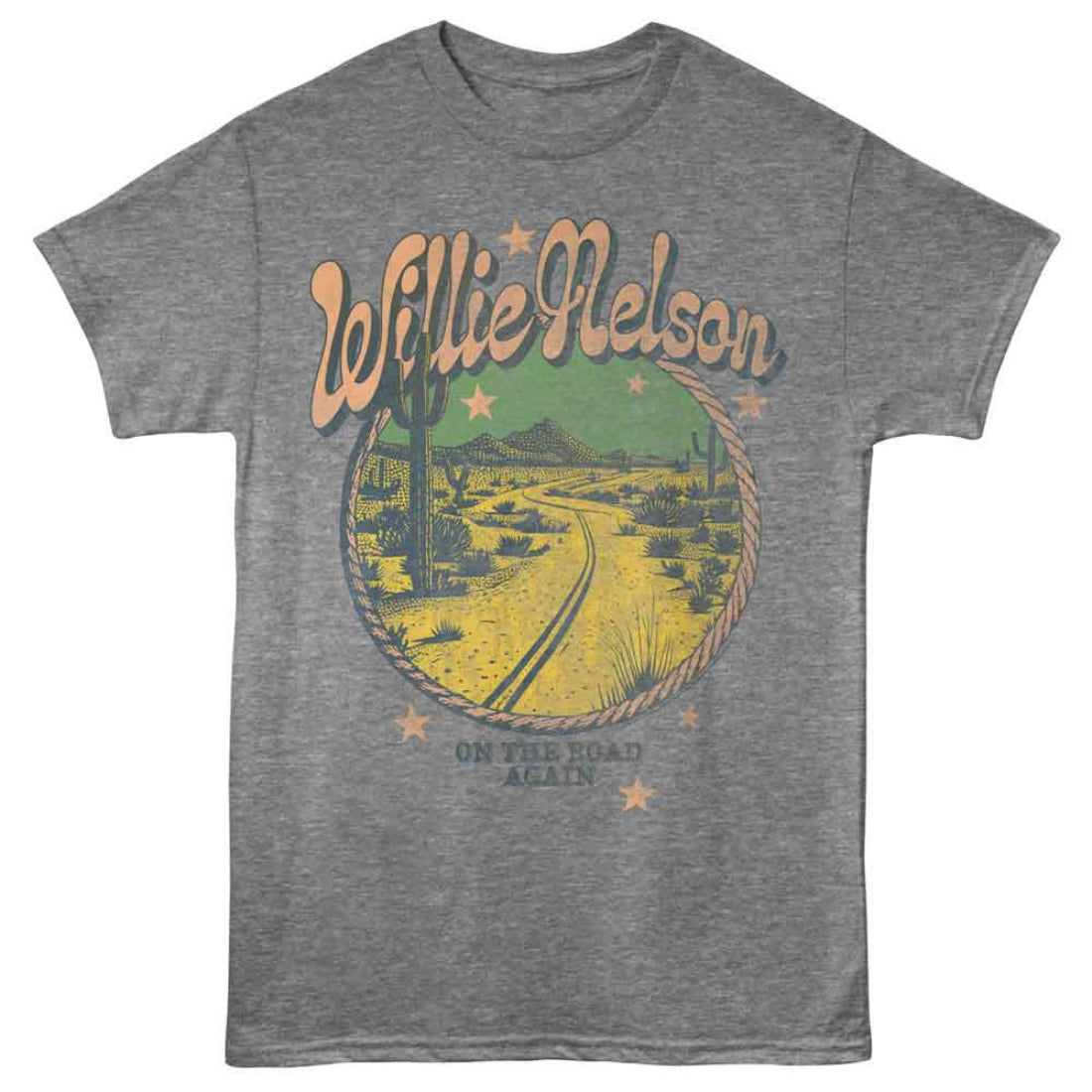 Gray t-shirt with Willie Nelson graphic design on a white background
