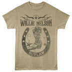 Beige t-shirt with Willie Nelson graphic design on a white background