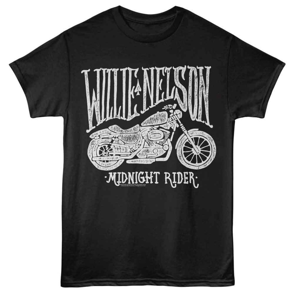 Black t-shirt with white graphic of a motorcycle and 'Willie Nelson Midnight Rider' text on a white background