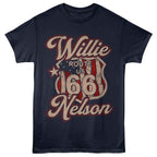 Navy blue t-shirt with 'Willie Nelson' graphic design on a white background