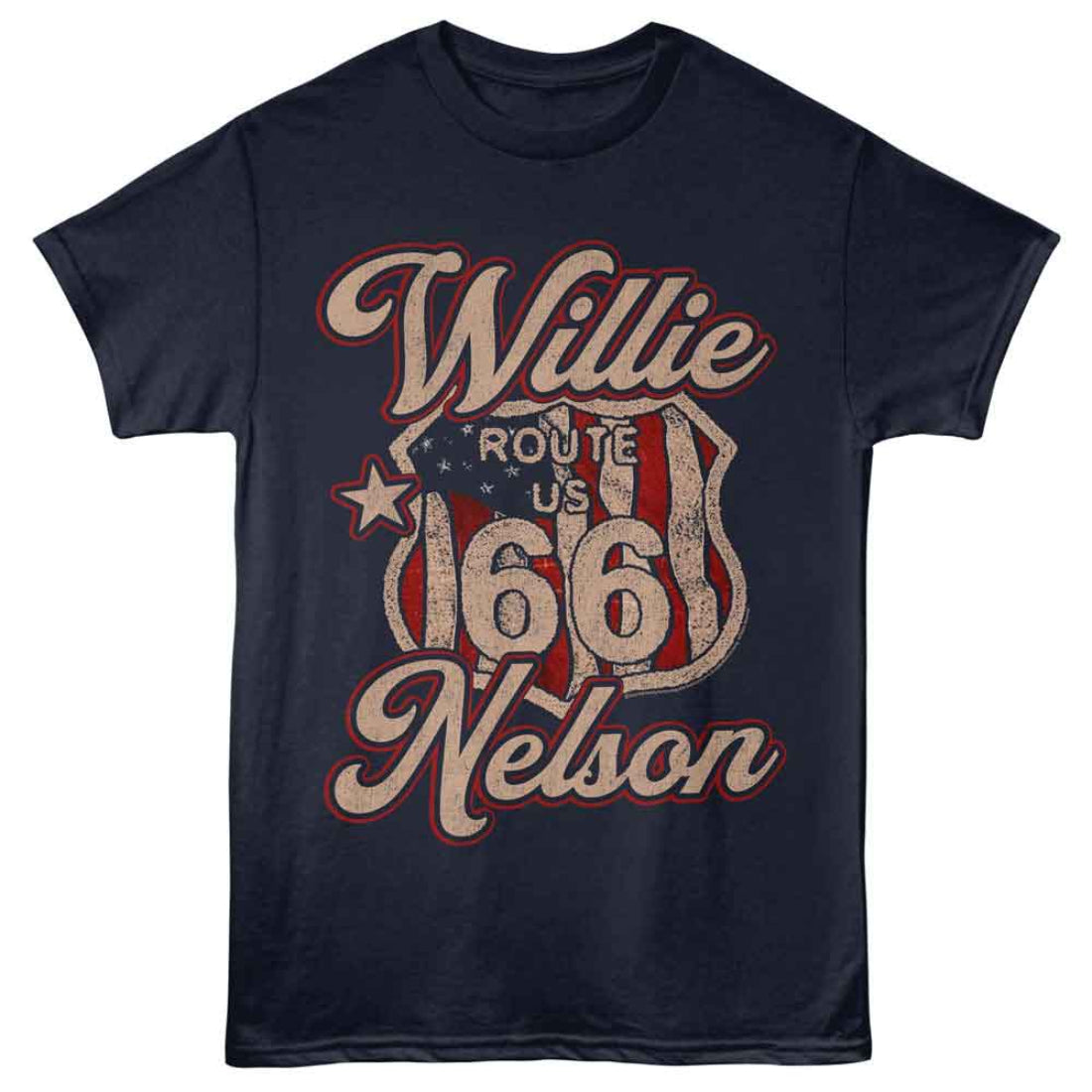 Navy blue t-shirt with 'Willie Nelson' graphic design on a white background
