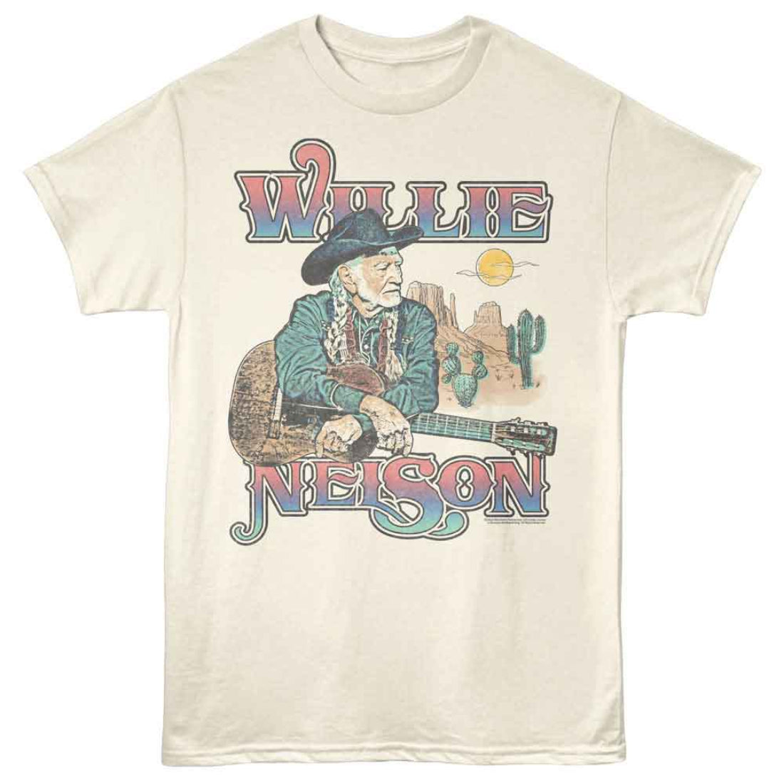Beige t-shirt with a graphic of Willie Nelson playing guitar and the text 'Willie Nelson' on a white background.