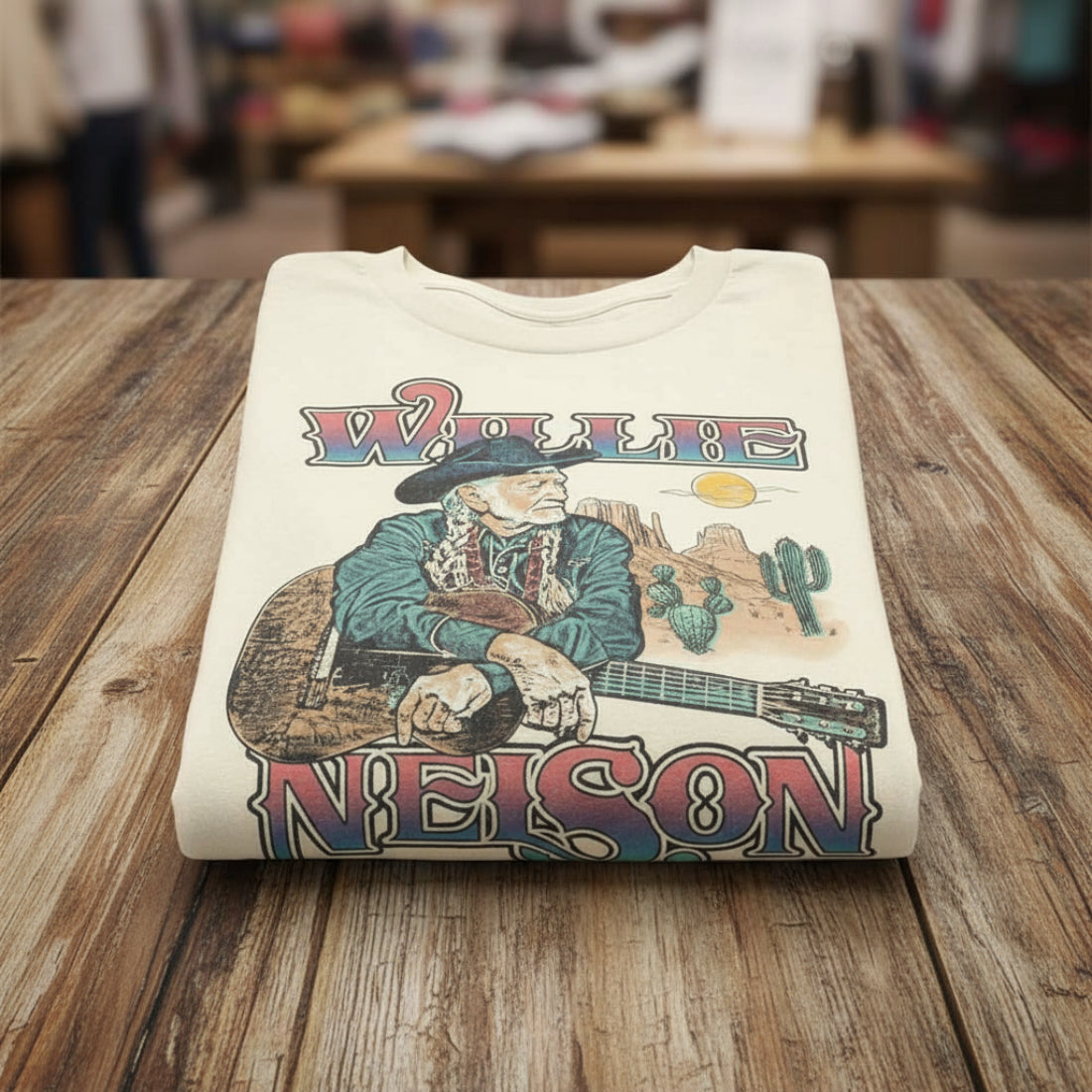 WILLIE NELSON TEE FOLDED ON A RUSTIC TABLE, WLN534S, WLN534M, WLN534L, WLN534XL, WLN534XXL, WLN534XXXL, WLN534XXXXL