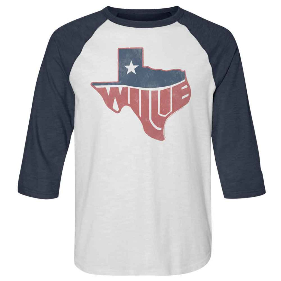 Willie Nelson Baseball shirt with Texas design and 'Willie' text on a white background