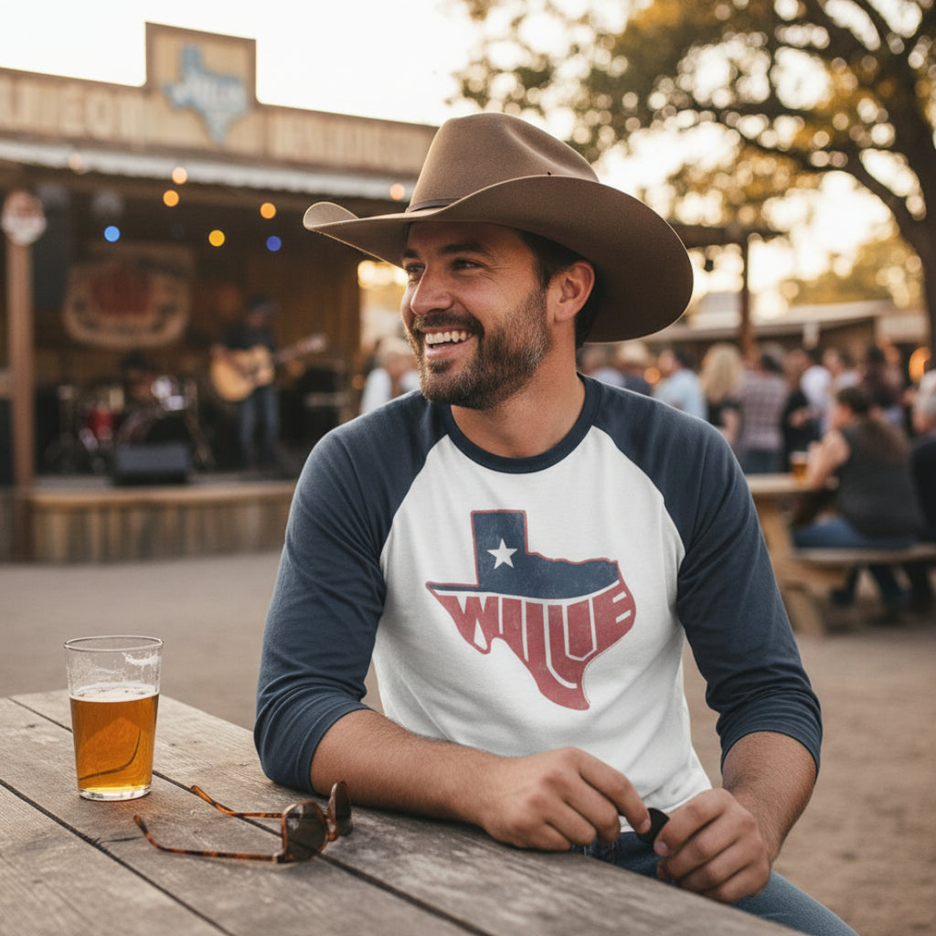 Man drinking a beer wearing a Willie Nelson Texas Logo Baseball Shirt, WLN535-202S, WLN535-202M, WLN535-202L, WLN535-202XL, WLN535-202XXL