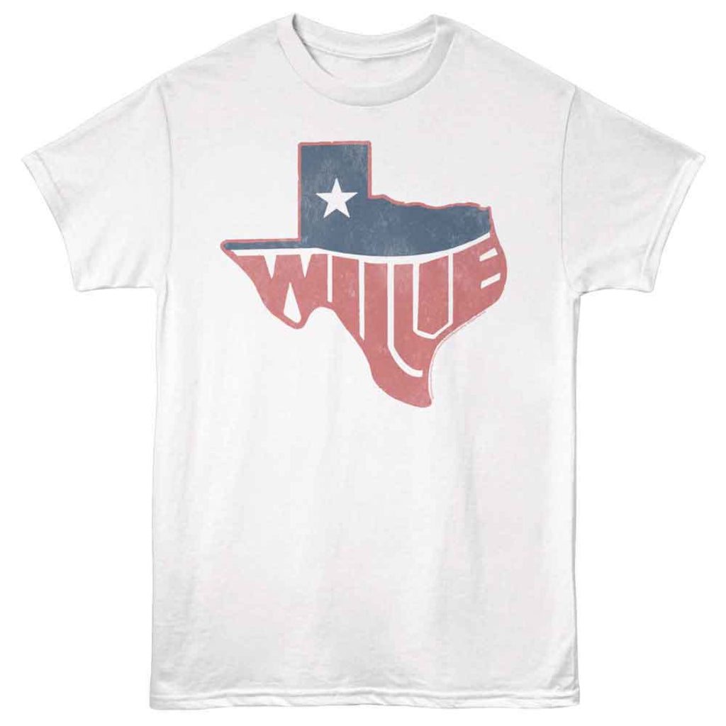 White Willie Nelson t-shirt with a Texas-shaped design and 'Wille' text on a white background