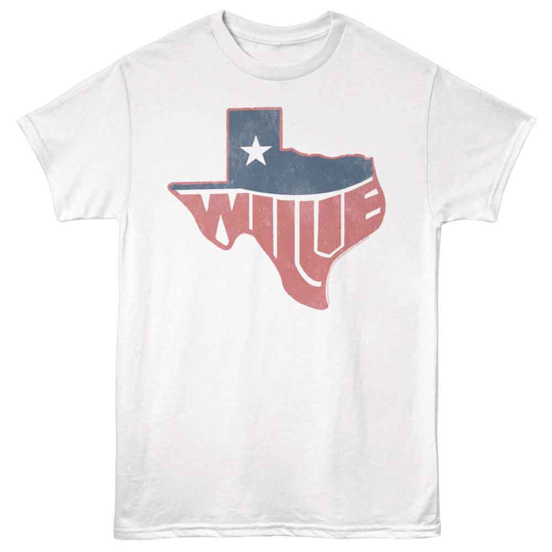 White Willie Nelson t-shirt with a Texas-shaped design and 'Wille' text on a white background
