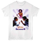 White t-shirt with 'Weird Science' movie graphic featuring two characters and a woman in the center.