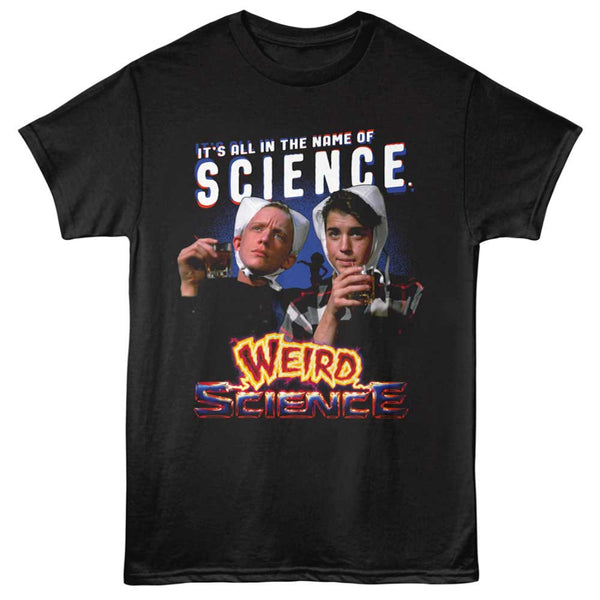 Black t-shirt with 'Weird Science' graphic featuring two characters and text.