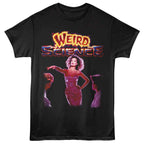 Black t-shirt with 'Weird Science' graphic design featuring a woman in a pink dress and text.