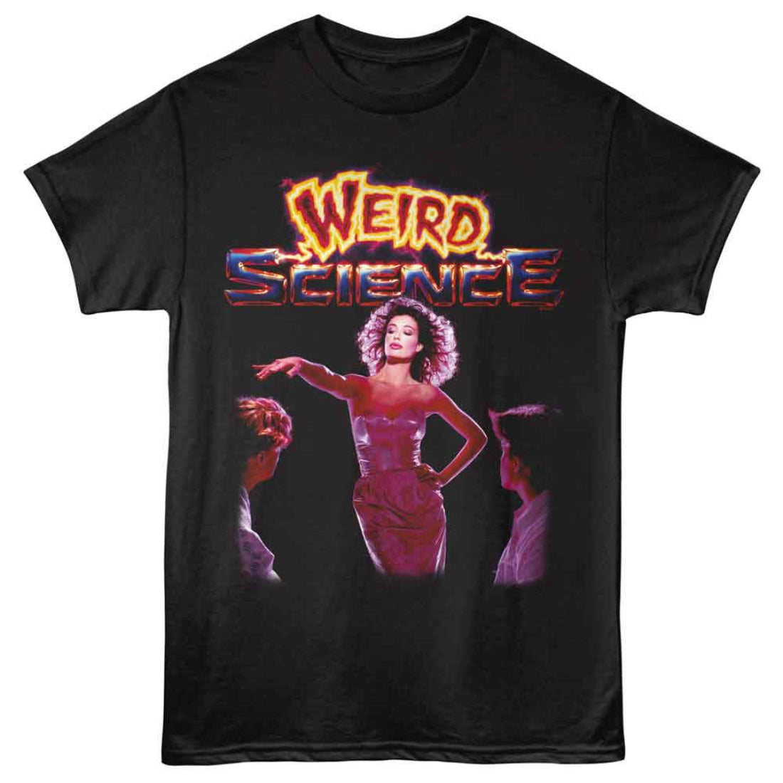 Black t-shirt with 'Weird Science' graphic design featuring a woman in a pink dress and text.
