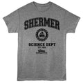 Gray Weird Science t-shirt with 'Shermer Science Dept' text and logo on a white background