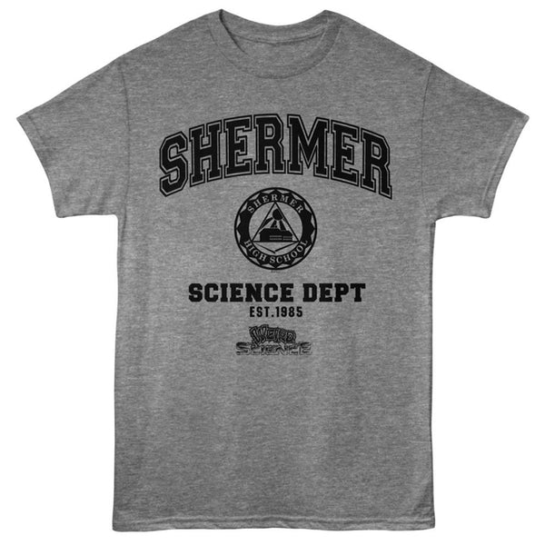 Gray Weird Science t-shirt with 'Shermer Science Dept' text and logo on a white background
