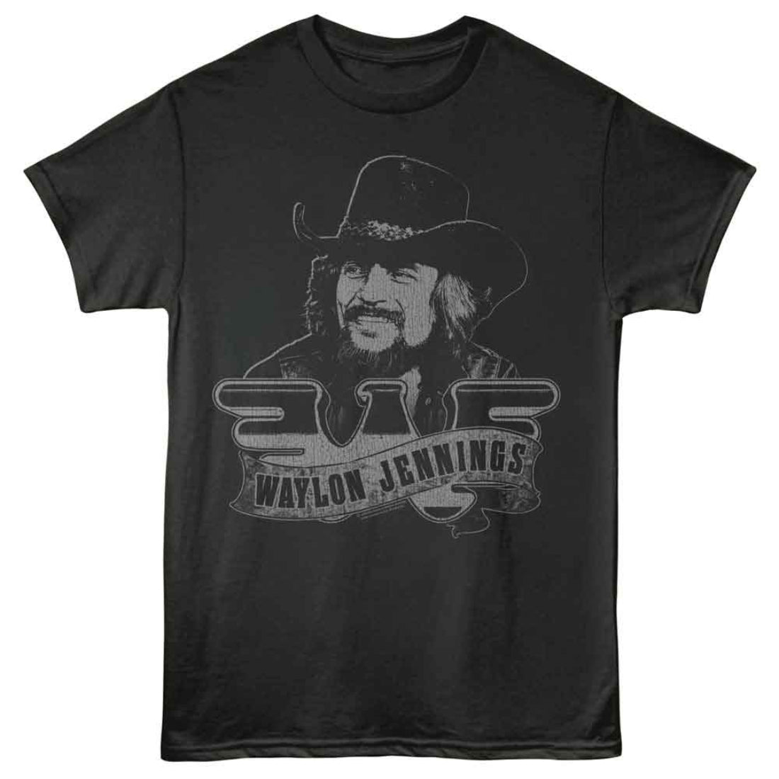 Black t-shirt with a graphic of Waylon Jennings and his name on a white background