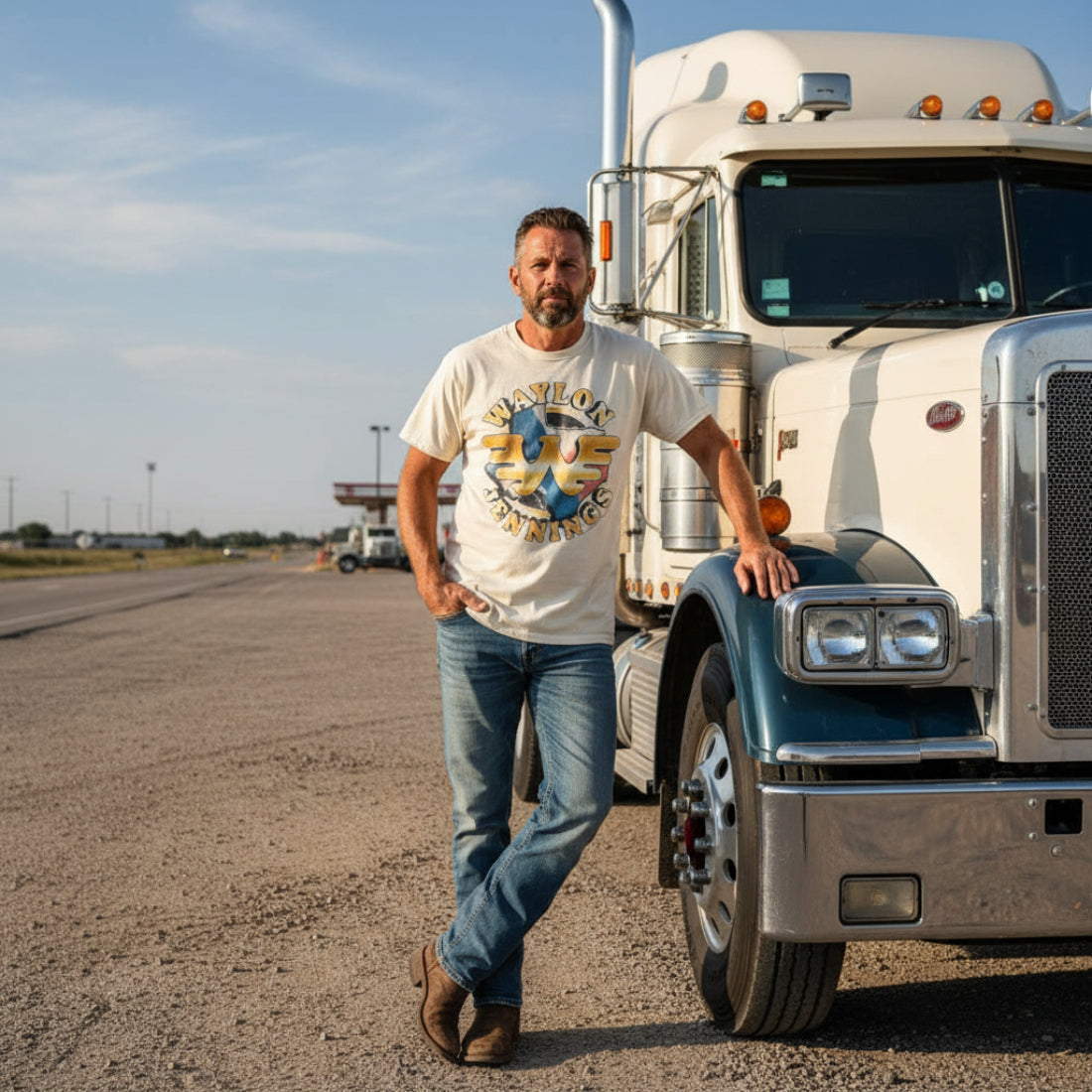 MAN WEARING Beige t-shirt with Waylon Jennings graphic design WYJ504S, WYJ504M, WYJ504L, WYJ504XL, WYJ504XXL, WYJ504XXX, WYJ504XXXXL
