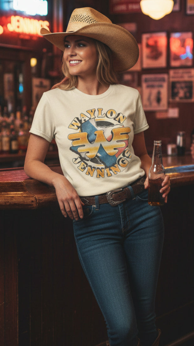 WOMAN WEARING Beige t-shirt with Waylon Jennings graphic design WYJ504S, WYJ504M, WYJ504L, WYJ504XL, WYJ504XXL, WYJ504XXXL, WYJ504XXXXL