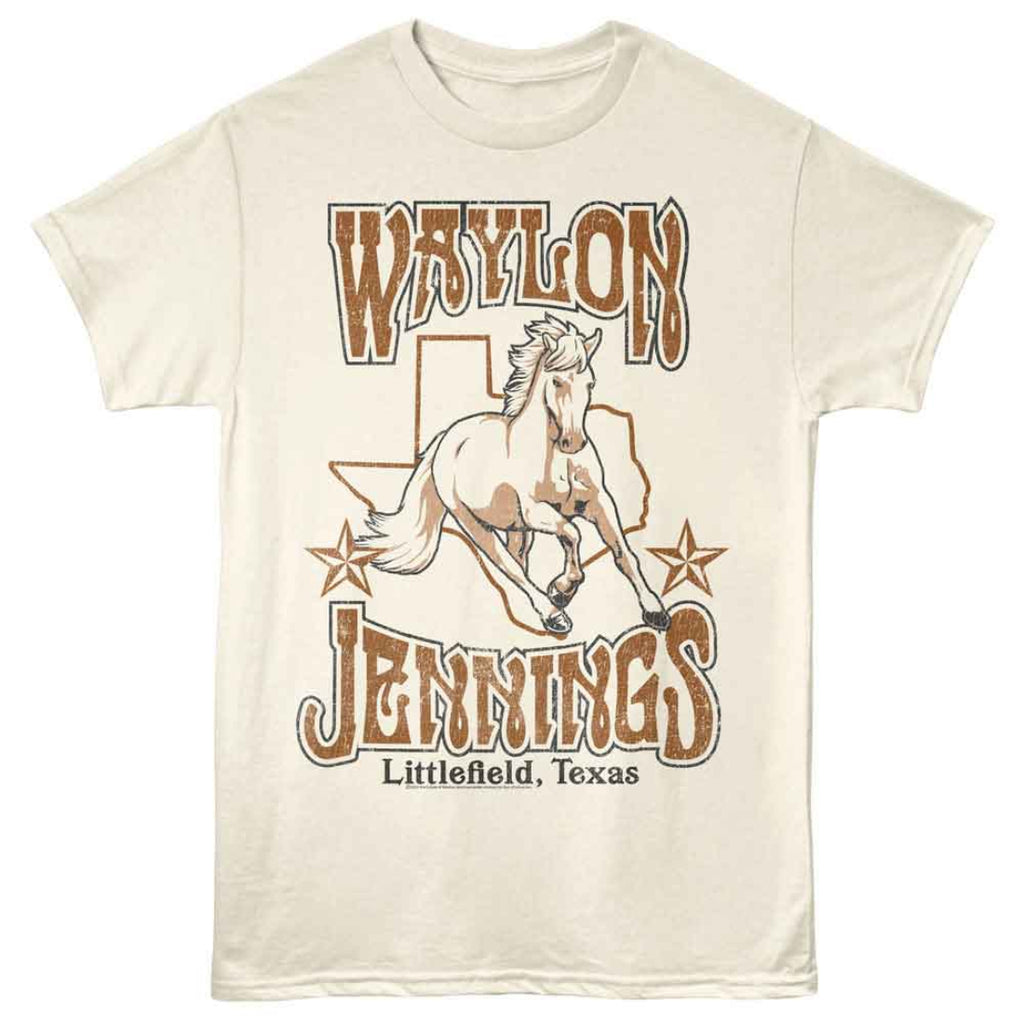 Beige  Waylon Jennings t-shirt with a graphic of a horse and text on a white background