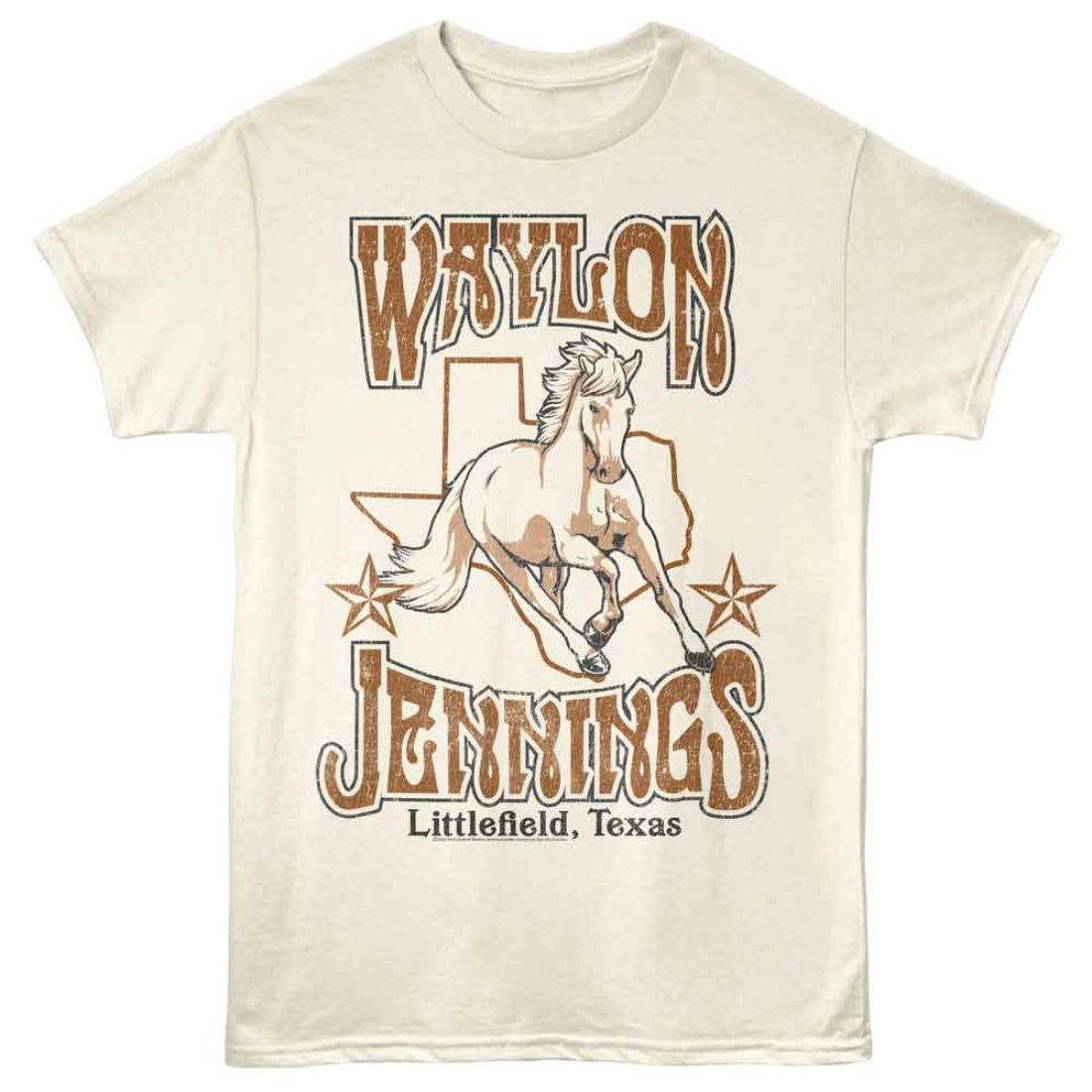 Beige  Waylon Jennings t-shirt with a graphic of a horse and text on a white background
