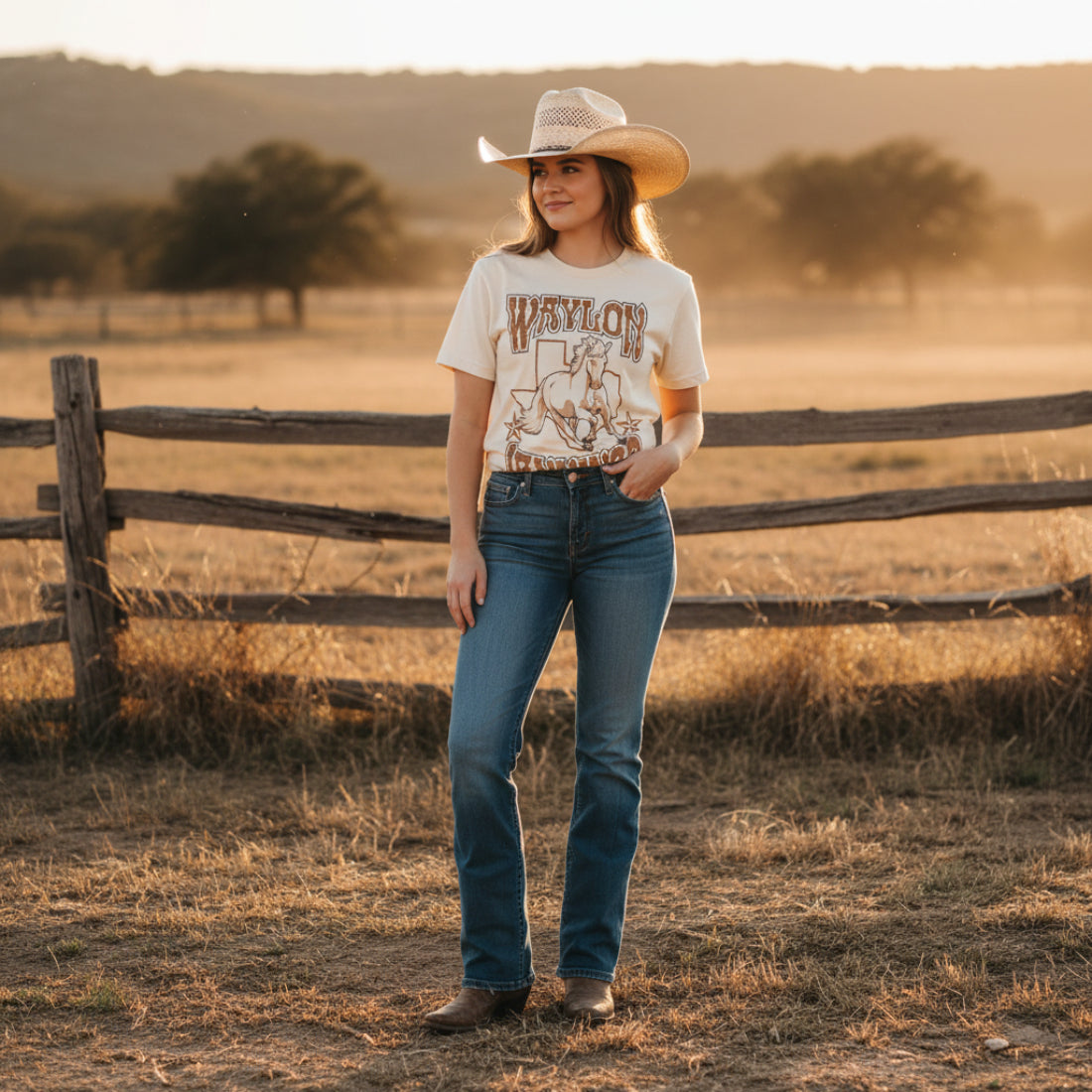 WOMAN WEARING WAYLON JENNINGS TEE WYJ504S, WYJ504M, WYJ504L, WYJ504XL, WYJ504XXL, WYJ504XXXL, WYJ504XXXXL